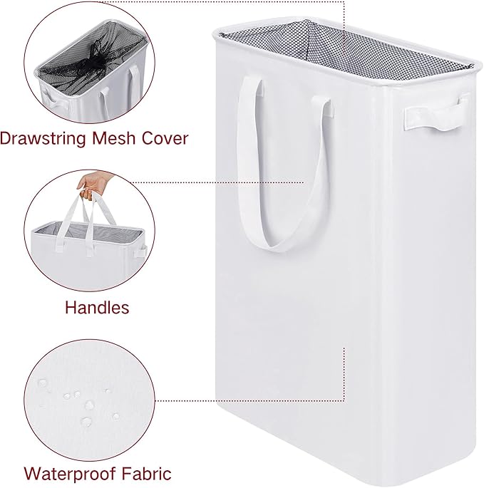 efluky Slim Laundry Basket, Narrow Laundry Hamper with Handles, Collapsible Dirty Clothes Hamper, Tall Laundry Bin for Laundry Room, Dorm and Bedroom, 12.7 Gallons(75L) White