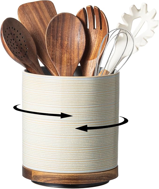 Utensil Holder, 360° Rotating Extra Large Ceramic Kitchen Utensil Holder for Countertop, 7.3" Cooking Utensil Crocks with Rotatable Wooden Base, Farmhouse Decor, Dusty Gray