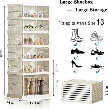 Foldable Shoe Storage Cabinet with Clear Magnetic Doors, 6-Tier No-Assembly Shoe Rack Organizer, Stackable Large Capacity Shoe Box for Entryway, Closet, Fits Boots & Sneakers, (Transparent)
