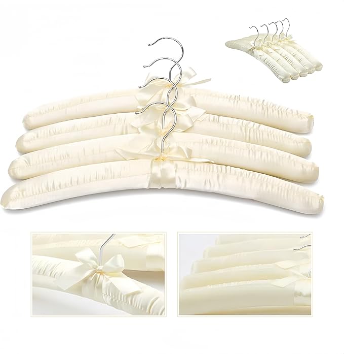5 Pack Satin Padded Hangers for Women Clothing, Anti Slip Sponge Fabric Clothing Hangers Coat Racks for Sweater, Coat, Suit, Dress (Beige)