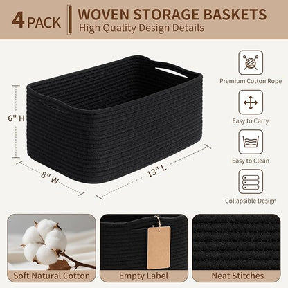 Goodpick 4 Pack Storage Baskets for Shelves, Rectangle Cotton Rope Baskets for Organizing, Closet Storage Bins for Baby Toys, Decorative Woven Basket with Handles, 13''L x 8''W x 6''H, Black