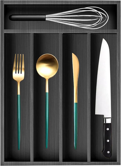 Ayiaren Small Wooden Silverware Organizer Kitchen Utensil Drawer Organizers Narrow Cutlery Tray Black Wood Flatware Organizer for Drawers Spoon and Fork Organizers Bamboo Utensil Holder Drawer Tray