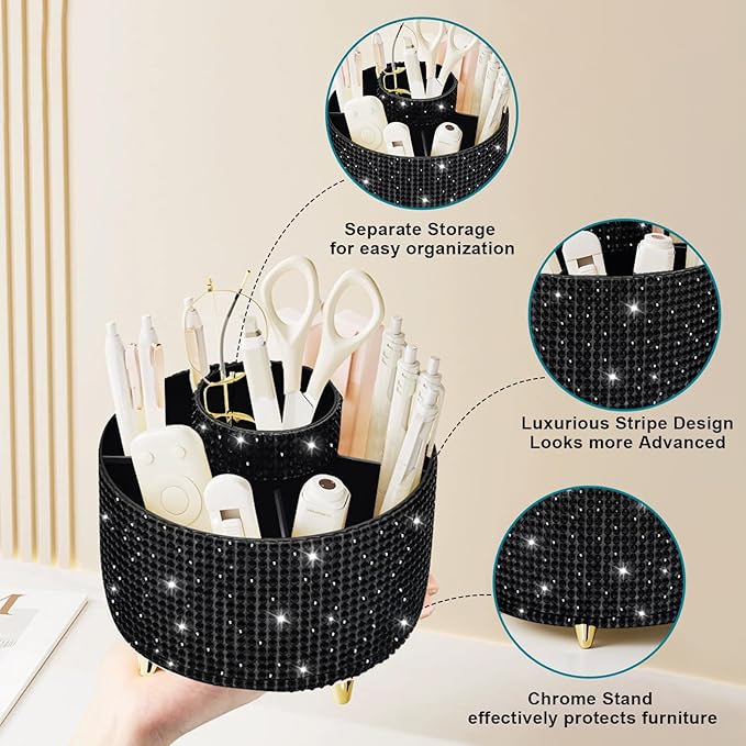 Diesisa Bling Diamond 360° Makeup Brush Holder Organizer, Rotating Makeup Brush Organizer,5 Slot Make up Brushes Cup for Cosmetics, Vanity Desktop Organizer, Gift for Women Teen Girls- Diamond Black