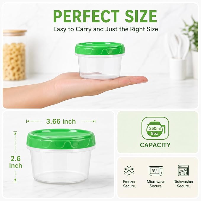 EONJOE 8 oz Small Freezer Containers with Lids Stackable Plastic Food Storage Container 1 Cup Meal Prep Bowls Airtight Dishwasher Safe,12-pack