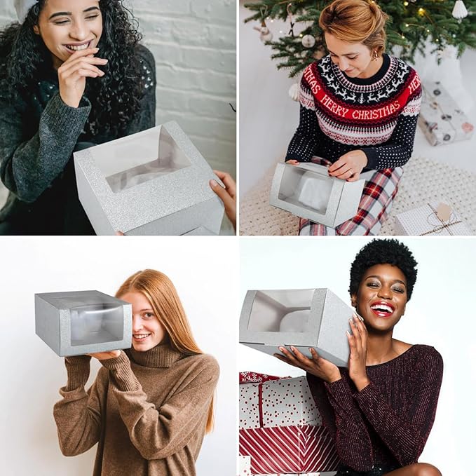 LADYBRO 10 Pack 7.8" x 7.8" x 4.8" Black Gift Boxes with Window Display for Hat Storage Containter for Baseball Caps (Fitted, Snapbacks, Trucker) (Glitter Silvery, 7.8" x 7.8" x 4.8")