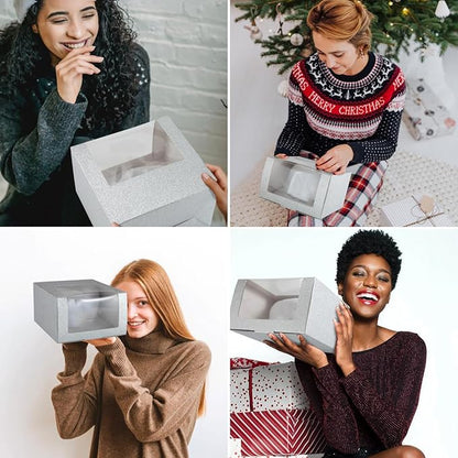 LADYBRO 10 Pack 7.8" x 7.8" x 4.8" Black Gift Boxes with Window Display for Hat Storage Containter for Baseball Caps (Fitted, Snapbacks, Trucker) (Glitter Silvery, 7.8" x 7.8" x 4.8")