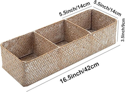 Seagrass Tank Basket for Toilet Paper 3 Sections Woven Storage Basket with Large Compartment Whitewash (16.5inch x 5.5inch x 3.5inch)