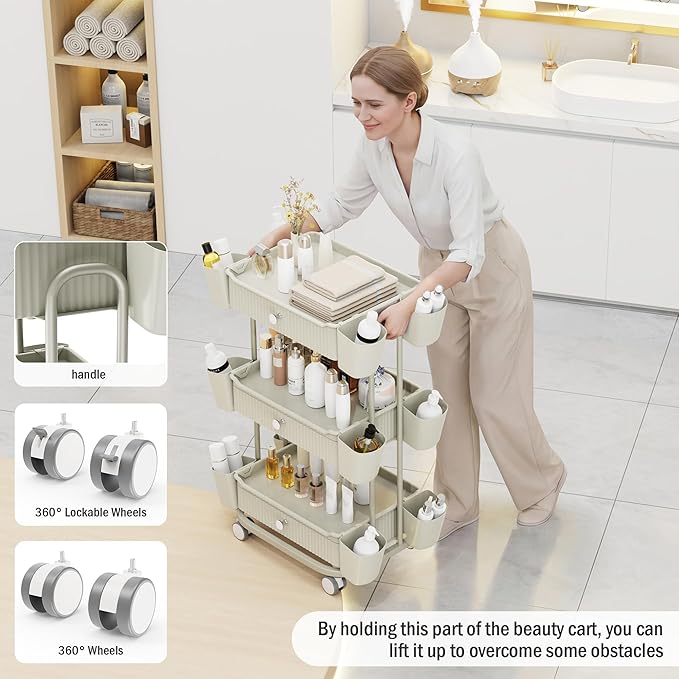 3 Tier Drawer Beauty Cart with 12 Movable Storage Organizer, Thickened ABS & 360° Wheels for Salon Station for Hair Stylist, Beauty Salon, Spa Massage Parlor, Makeup Organizer and More - Beige Gray