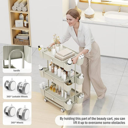3 Tier Drawer Beauty Cart with 12 Movable Storage Organizer, Thickened ABS & 360° Wheels for Salon Station for Hair Stylist, Beauty Salon, Spa Massage Parlor, Makeup Organizer and More - Beige Gray