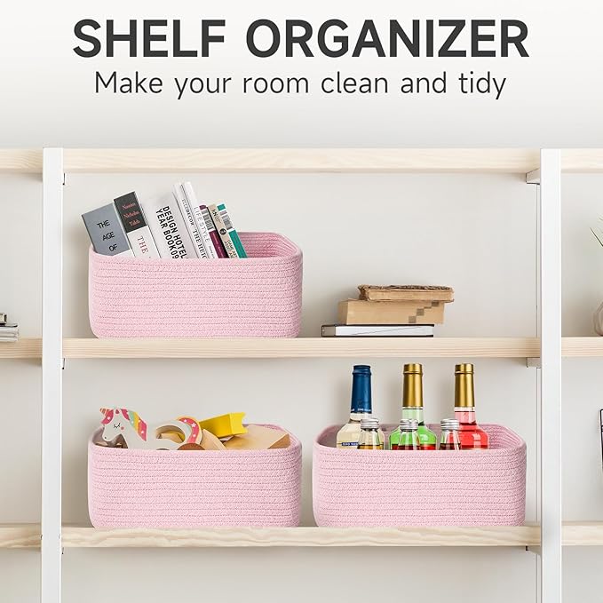 Shelf Baskets for Organizing | Storage Basket for Shelves | Small Woven Baskets | Rope Toy Basket | Closet Organizer Bins | Cube Decorative Box | 11.8×7.8×5.1” | 3 Pcs Mixed Pink