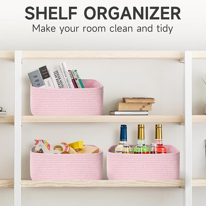 Shelf Baskets for Organizing | Storage Basket for Shelves | Small Woven Baskets | Rope Toy Basket | Closet Organizer Bins | Cube Decorative Box | 11.8×7.8×5.1” | 3 Pcs Mixed Pink