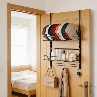 Widousy Over the Door Hat Organizer, 3 Tier Wall Mounted Hat Rack with 2 Adjustable Metal Basket and 3 Hooks, Baseball Cap Organizer Storage up to 29 Caps for Door, Closet, Bedroom