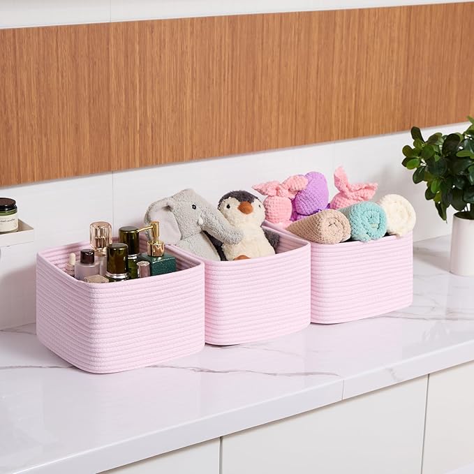 MiniArk Small Organizing Baskets for Cubes Shelf, 9.7x9.7x7.1 Inch Rope Woven Storage Bins for Nursery Shelves Storage, Cute Toy Basket, Square 3 Packs Light Pink