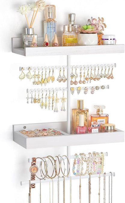 Keebofly Wall Mounted Jewelry Organizer with 2 Tired Shelves & Ring Holder- Jewelry Holder Wall Storage Display for Earrings, Necklace, Bracelet, Hair Accessories for girls in Bathroom Bedroom, White