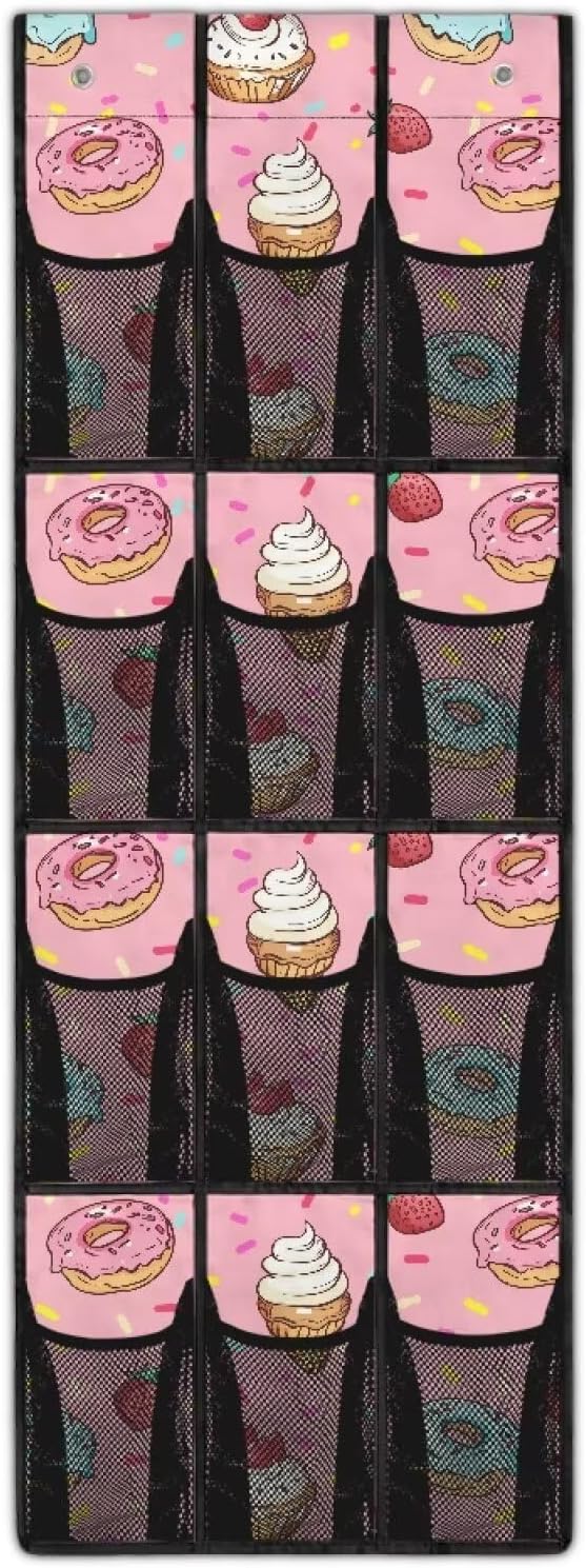 Desserts Behind Door Shoe Organizer 12 Pockets Over The Door Shoe Organizer for Closet Space Saving Pink Wall Hanging Storage Large Capacity Shoe Holder Hanger for Bathroom