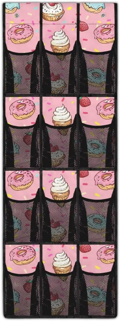 Desserts Behind Door Shoe Organizer 12 Pockets Over The Door Shoe Organizer for Closet Space Saving Pink Wall Hanging Storage Large Capacity Shoe Holder Hanger for Bathroom