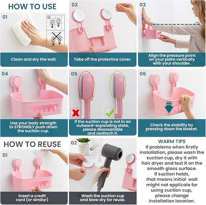 TAILI Shower Caddy Suction Cup, Heavy Duty Bathroom Organizer, Removable Shelves for Inside Shower, Shampoo, Waterproof Suction Plastic Storage for Bathroom Accessories Holder, Pink