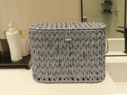 Coeusy Toilet Paper Storage Basket with Lid,Wicker Toilet Paper Holder Stand,Narrow Decorative Woven Bathroom Basket Organizer,Free Standing Grey