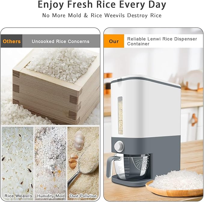 Lenwi 22-25 Lbs Rice Dispenser, Large Cereal Dry Food Storage Containers with Measuring Cup,BPA-Free Household for Kitchen Pantry Organization-Grey