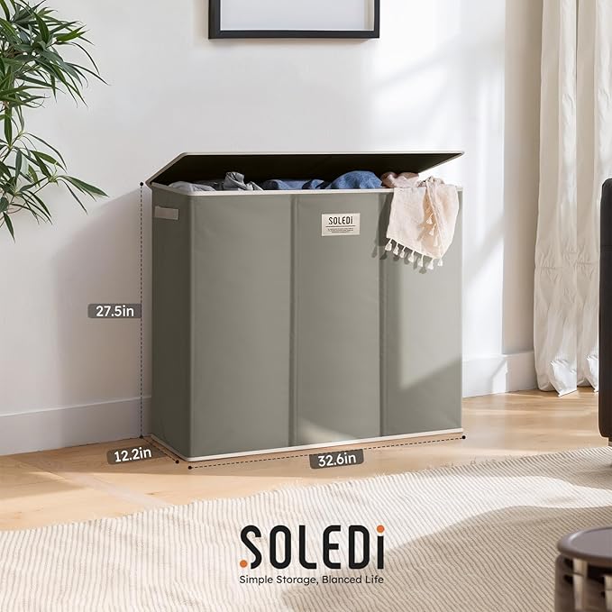 SOLEDI 180L 3-Section Laundry Hamper with Lid, Extra Large Dirty Clothes Basket with Sturdy Handles for Laundry Room & Bedroom - Durable Organizer for Sorting Laundry