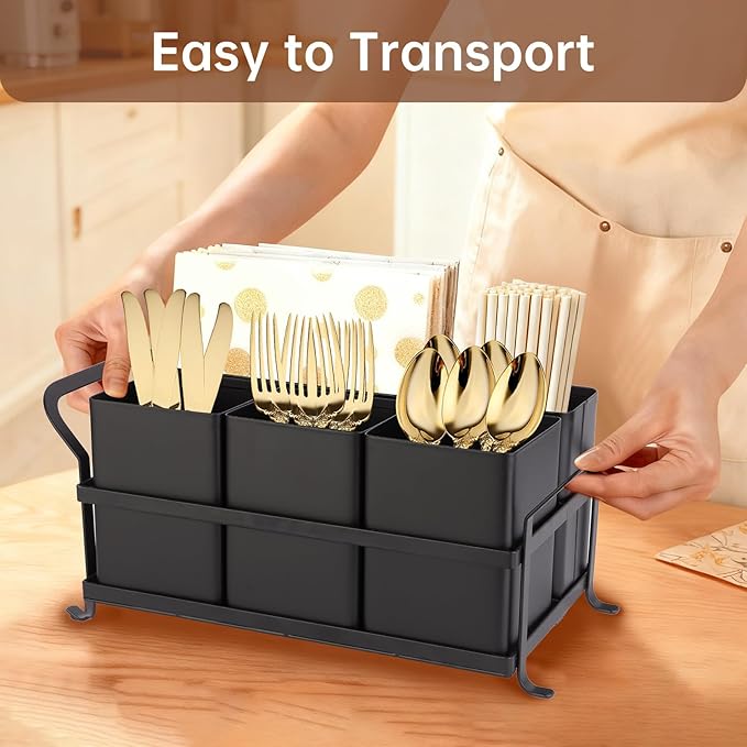 Silverware Caddy Metal Utensil Holder for Party Countertop Silverware Utensil Caddy Cutlery Flatware Organizer for Spoons Forks Plates Napkins Black