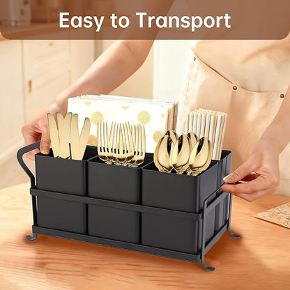 Silverware Caddy Metal Utensil Holder for Party Countertop Silverware Utensil Caddy Cutlery Flatware Organizer for Spoons Forks Plates Napkins Black