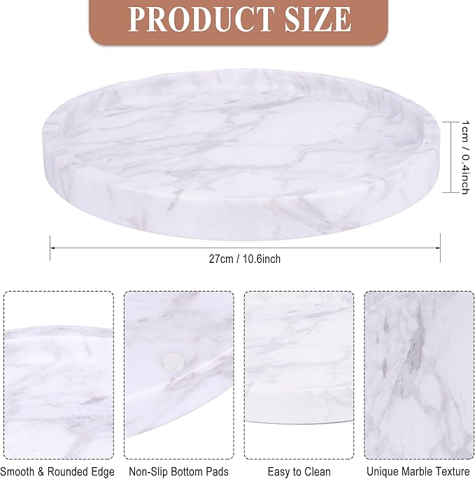 Natural Marble Decorative Tray for Bathroom Bedroom Kitchen Dresser, Large 10.6" Round Vanity Trays for Jewelry, Perfume, Cosmetic, Candle, Countertop Storage Organizer for Home Decor (WH037)