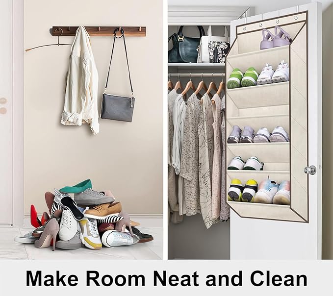 SLEEPING LAMB Shoe Rack for Door, Kids Door Shoe Organizer for Closet hanger, Narrow Hanging Sneaker Storage with Large Deep Pockets for Toddler, Girl, Baby Room Decor, Beige
