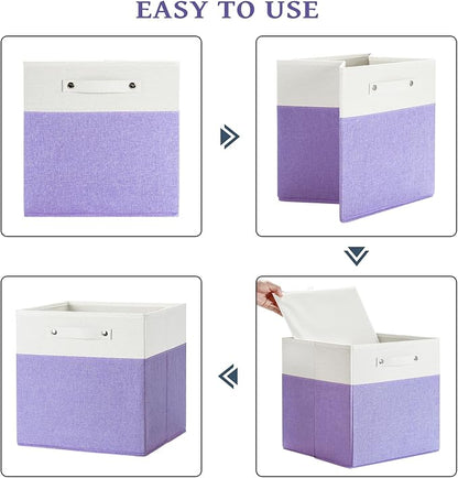 FinishingBo 13 x 13 Inch Fine Linen Storage Bins with Handles，Fabric Cube Boxs，Basket Organizers for Shelves for Home, Closet Drawers (White/Purple-4 Pack)