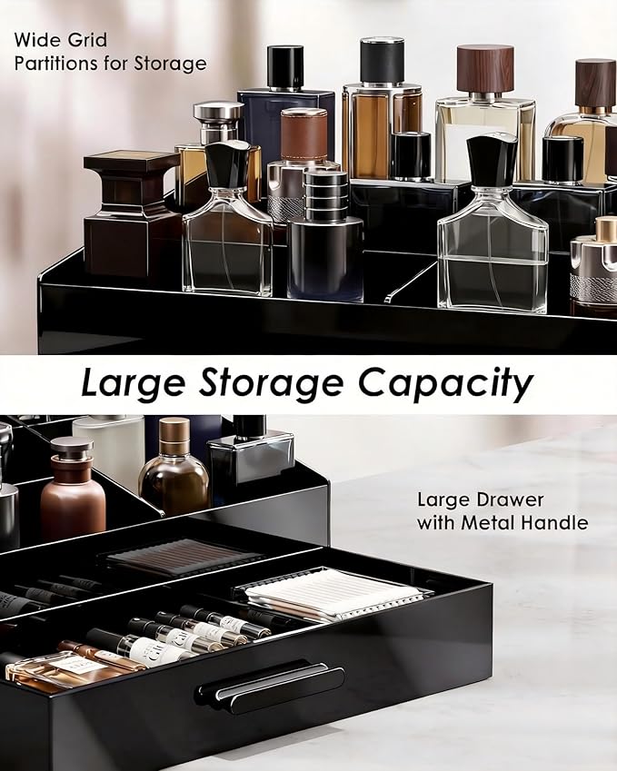 ProCase Cologne Organizer with Drawer, Acrylic Perfume Holder & Bathroom Countertop Organizer for Men & Women, Dresser Vanity Storage for Cologne, Perfume and Skincare -1 Layer