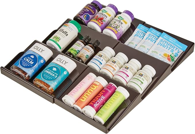 mDesign Expandable Plastic Deluxe Spice Rack, Drawer Organizer for Kitchen Cabinet Drawers, 3 Tier Slanted for Spice Jars, Food Seasoning Bottle Storage, Ligne Collection - Bronze
