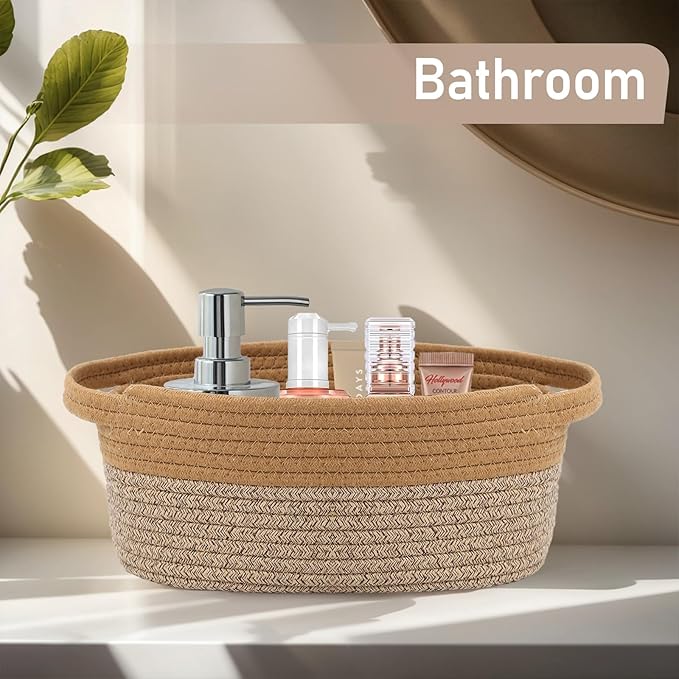 JMvicyroam Woven Basket,Small Rope Storage Bin with Handles & Ribbon Bag, Organizer for Shelves Closets,Gift Basket Empty for Birthday,Books,Dog Toys, Jute&Brown/3 Pack