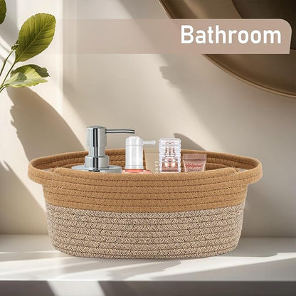 JMvicyroam Woven Basket,Small Rope Storage Bin with Handles & Ribbon Bag, Organizer for Shelves Closets,Gift Basket Empty for Birthday,Books,Dog Toys, Jute&Brown/3 Pack