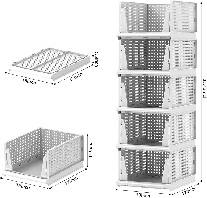 5 Packs Stackable Plastic Storage Basket for Closet Foldable Closet Organizers and Storage Bins for Shelves Storage Drawer Container for Clothes, Wardrobe, Pantry, 5L