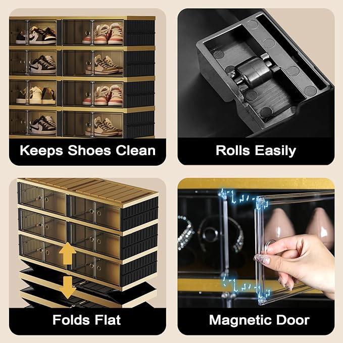 SYNCVIBE Shoe Rack Organizer for Closet Entryway Foldable Sneaker Storage Shoe, Collapsible Shoe Cabinet, Stackable Shoe Storage Cabinet with Lids for Living Room (9 Tiers -36 Pairs Black Gold)