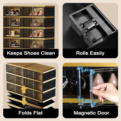 SYNCVIBE Shoe Rack Organizer for Closet Entryway Foldable Sneaker Storage Shoe, Collapsible Shoe Cabinet, Stackable Shoe Storage Cabinet with Lids for Living Room (9 Tiers -36 Pairs Black Gold)