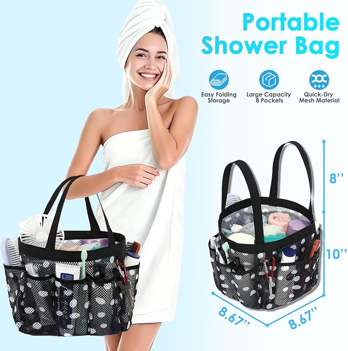 Fammart Mesh Shower Caddy Portable for College Dorm Room Essentials, Odorless Polyester Large Shower Tote Bag with Dual Handles, 8-Pocket Quick-Dry Toiletry Organizer for Travel, Beach, Camping, Gym
