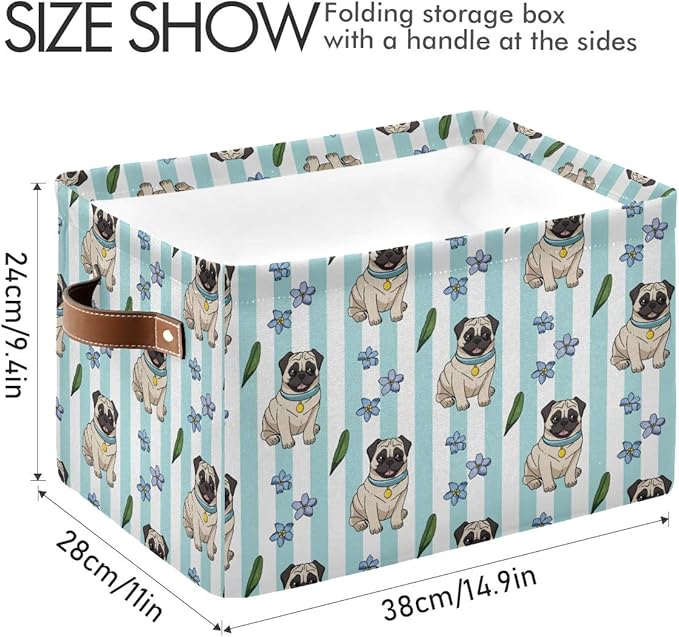 Large Storage Basket Bin Cute Cartoon Pugs Storage Cube Box Foldable Canvas Fabric Collapsible Organizer with Handles for Home Office Closet