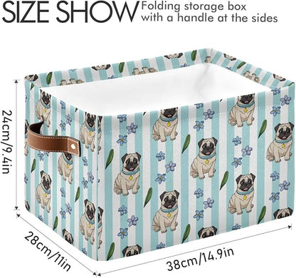 Large Storage Basket Bin Cute Cartoon Pugs Storage Cube Box Foldable Canvas Fabric Collapsible Organizer with Handles for Home Office Closet