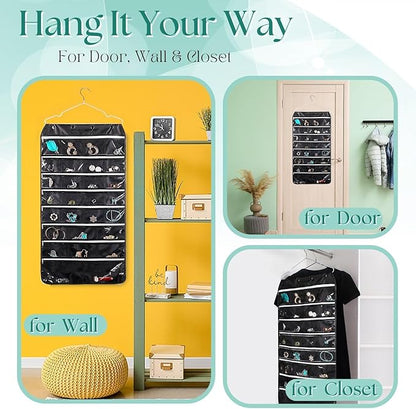 Flexzion Hanging Jewelry Organizer with Zippered Pockets - (1 Pack) Black Closet Jewelry Organizer Storage with Hanger, 56 Pockets Dual Sided Earring Organizer Hanging for Bracelets, Watches, Ring