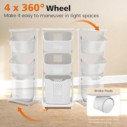 BAOKALER Rolling Laundry Hamper Cart with Wheels, 3 Tier White Laundry Baskets, Clothes Hamper with Portable Storage Baskets for Kitchens, Bathrooms, Bedrooms, Classrooms, Laundry Rooms(75L)