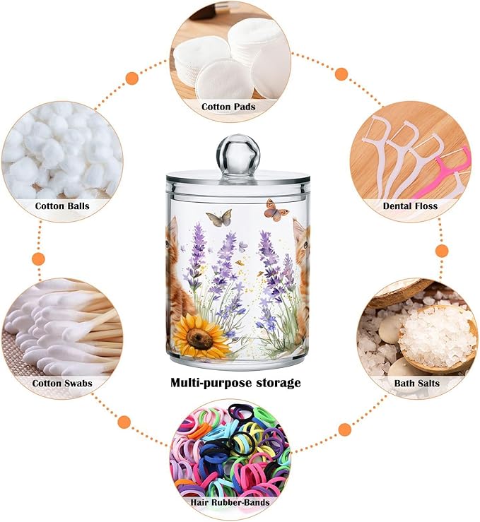 4 Pack Qtip Holder Dispenser Lavender Cat Sunflower Cotton Ball Swab Round Pads Floss Clear Bathroom Storage Containers Plastic Apothecary Jars with Lids
