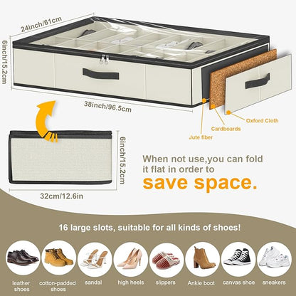 homyfort 32 Pairs Shoe Organizer Under Bed, Sturdy Underbed Shoe Storage Boxes Bins, Organizador De Zapatos, Extra Large Zapateras Organizer, Beige, Set of 2