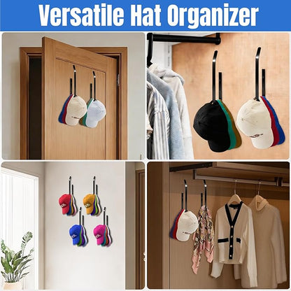 2 Pack Hat Rack for Wall, Upgraded Carbon Steel Hat Organizer for Baseball Caps with Adhesive & Drilling, Space Saving Hat Holder, Hat Hanger for Closet and Bedroom Storage, Black, 8 inch