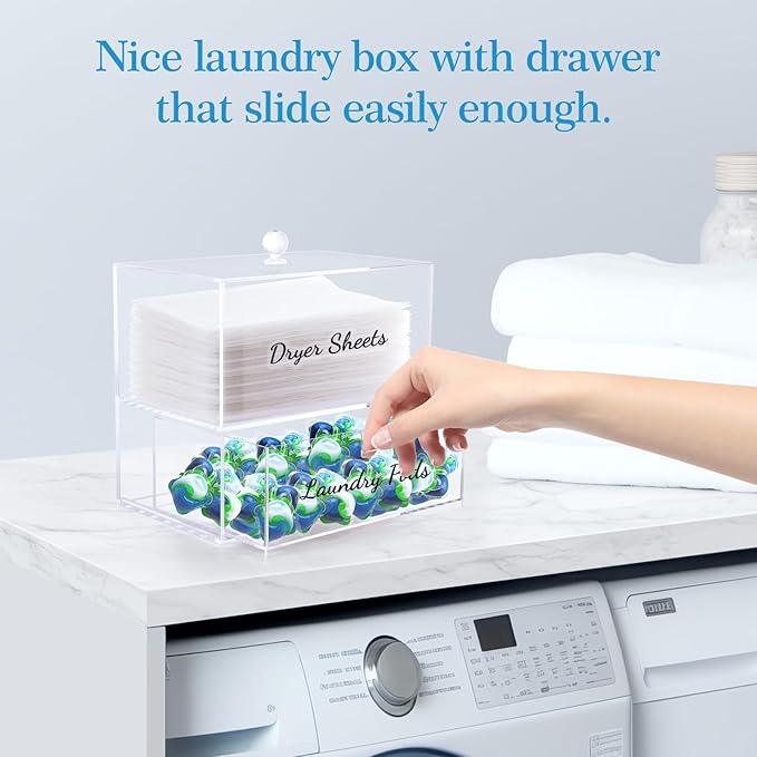 JYPS 1+1 Acrylic Dryer Sheet Holder with Drawer and Bamboo Lid, Clear Acrylic Large-Capacity Laundry Pods Container, Scent Boosters & Powder, Laundry Room Organization decor, Storage Jars Set