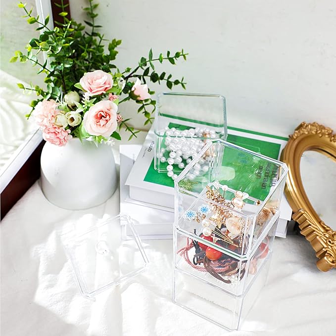Reginary 9 PCS Hair Accessories Stackable Organizer Holder Storage with Lids Acrylic Clear Hair Tie Organizer Bathroom Bow Containers for Girls Headband Scrunchie Makeup Accessory Organizing