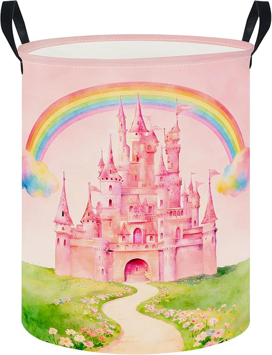 CLOCOR Large Laundry Basket,Waterproof Nursery Hamper,Collapsible Fabric Storage Container,Room Decor,Gift Basket（Pink Castle
