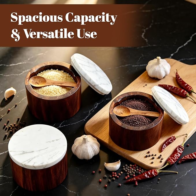 Salt Cellar with Lid, Built-in Spoon Box Bowl, Airtight Spice Container for Kitchen, Grey Natural Marble Top & Solid Walnut Wood Base, Modern Rustic Style (3.5”D x 2.7”H)