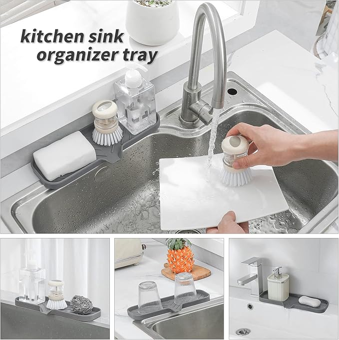 MicoYang Silicone Bathroom Soap Dishes with Drain Spout-Bathroom and Kitchen Sink Organizer,Sponge Holder,Dish Soap Tray,Perfect for Dispenser,Scrubber,Bottle,Cup on Sink or Counter-Grey 12"×4"