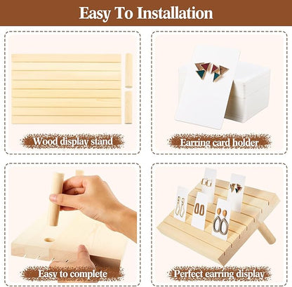 Marsui 62 Pcs Wood Earring Display Stand Earring Card Display 2 Sets of Holder with Cards Jewelry Stands for Selling